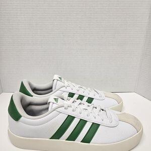adidas White Sneakers with Green Stripes